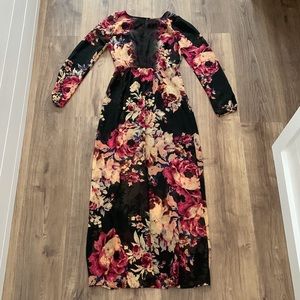 Long sleeve black floral maxi dress, size XS